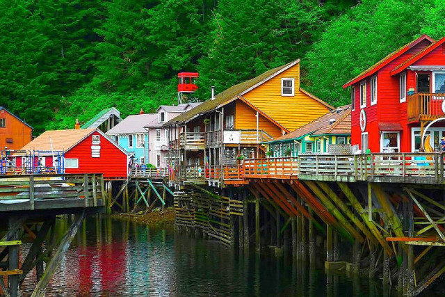 Houses dock water trees forest free wallpaper for desktop - medium preview image