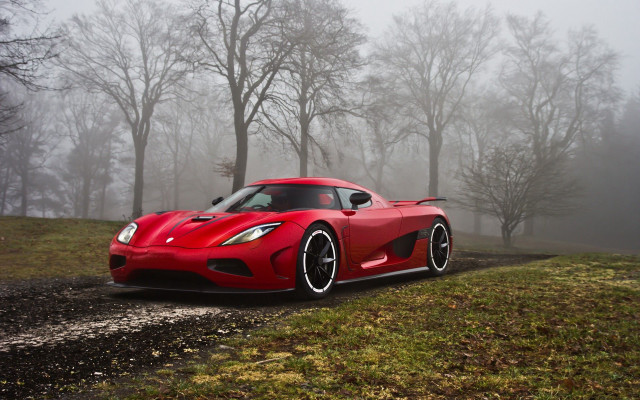 Red sports car foggy road #2 free wallpaper for desktop - medium preview image