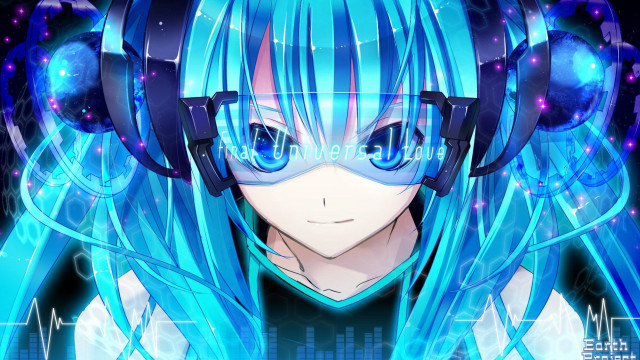 Anime girl blue hair headphones free wallpaper for desktop - medium preview image