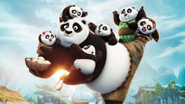 Pandas riding giant panda cartoon free wallpaper for desktop - medium preview image