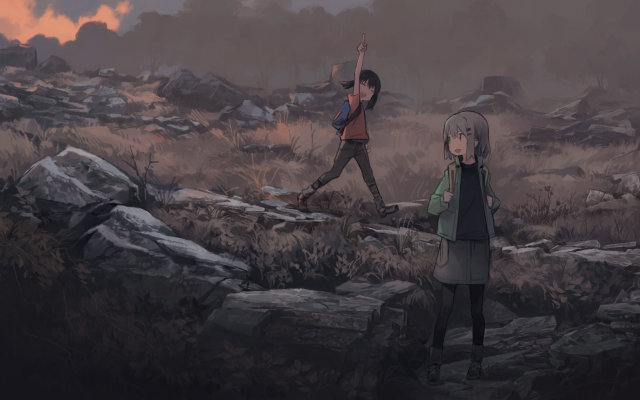 Couple people rocky hillside forest free wallpaper for desktop - medium preview image