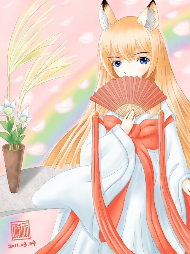 Girl long hair fan flower free wallpaper for mobile - medium preview image