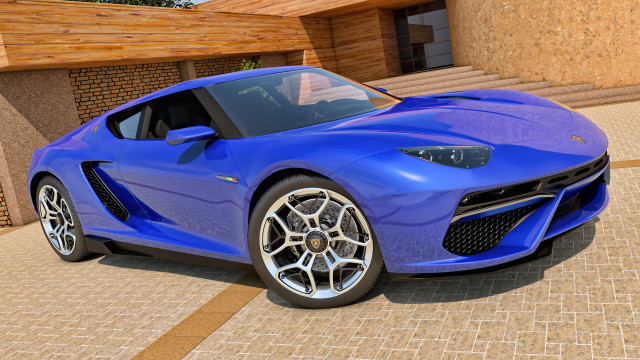 Blue sports car house staircase free wallpaper for desktop - medium preview image