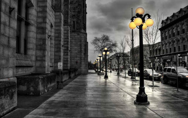 Street light sidewalk building cars free wallpaper for desktop - medium preview image