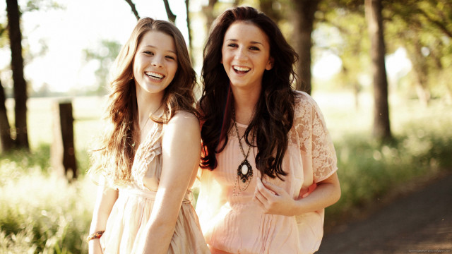 Women smiling forest trees grass free wallpaper for desktop - medium preview image