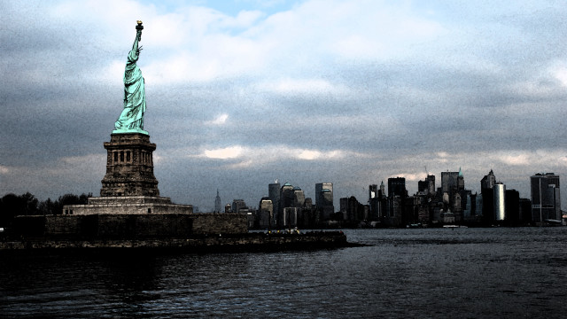 Statue liberty cityscape cloudy sky free wallpaper for desktop - medium preview image