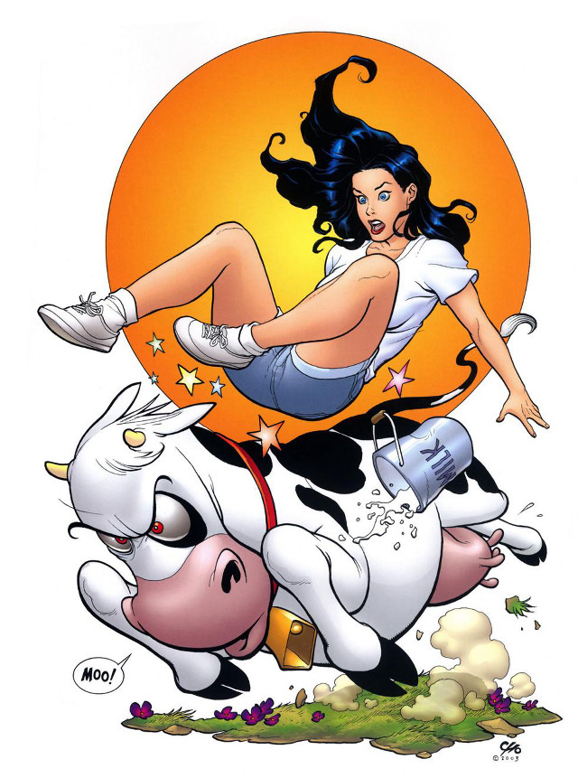 Cartoon woman riding cow with free wallpaper for mobile - medium preview image