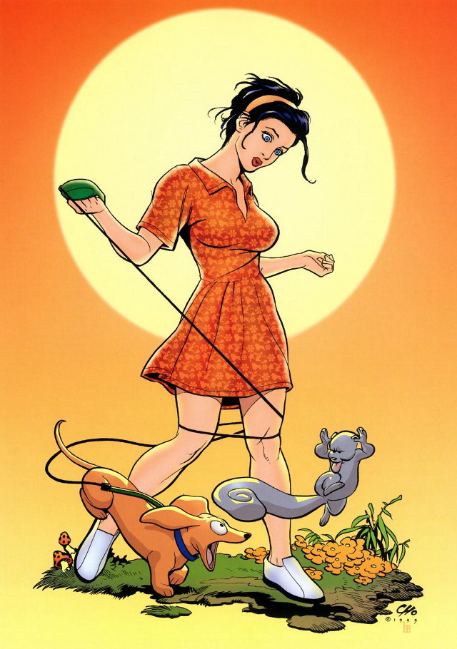 Woman dress walking dog leash free wallpaper for mobile - medium preview image