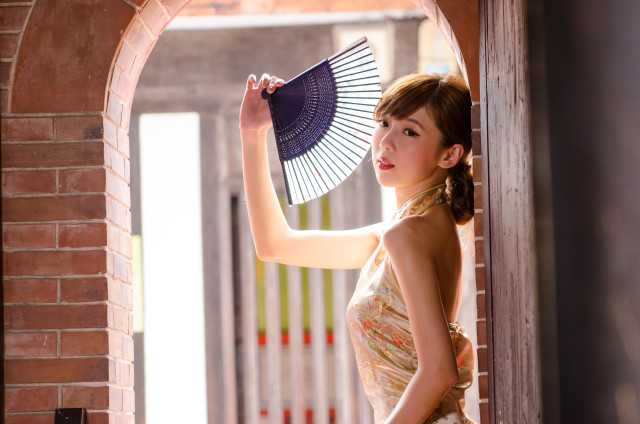 Woman dress fan doorway brick free wallpaper for desktop - medium preview image