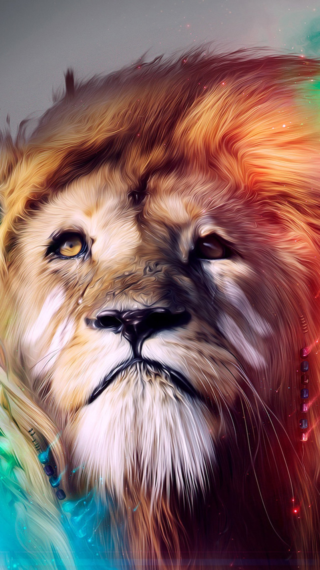 Lion colorful mane blue background free wallpaper for mobile - medium preview image