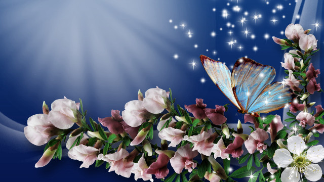 Blue butterfly flowers stars sky free wallpaper for desktop - medium preview image