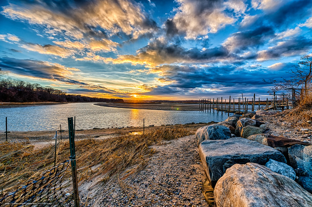 Sunset lake dock fence cloudy free wallpaper for desktop - medium preview image