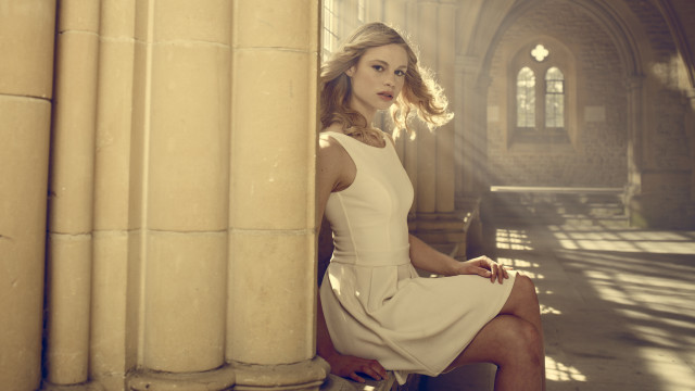 Woman white dress stone bench free wallpaper for desktop - medium preview image