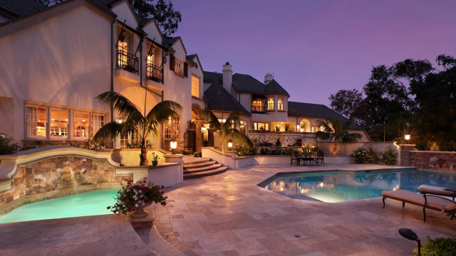 Large house pool patio night #2 free wallpaper for desktop - medium preview image