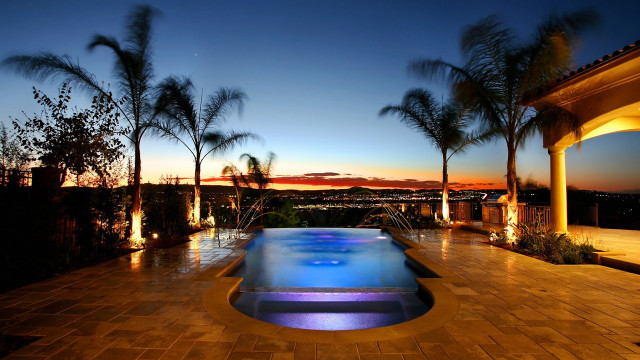 Pool city night palm trees free wallpaper for desktop - medium preview image