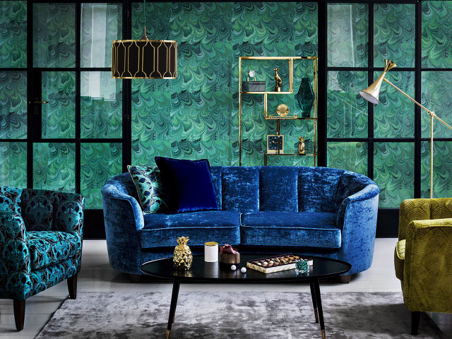 Livingroom bluecouch greenwallpaper coffeetable lamp free wallpaper for desktop - medium preview image