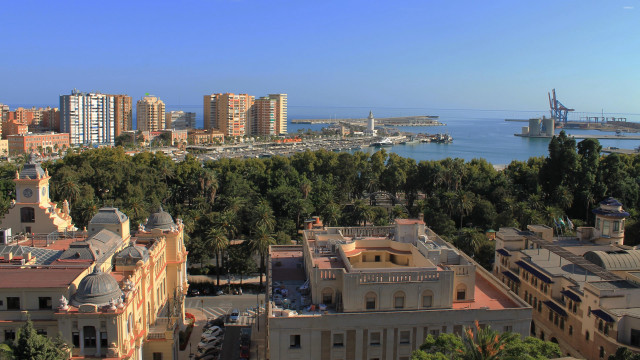 City harbor water buildings trees free wallpaper for desktop - medium preview image