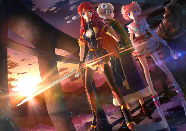 Anime girls sunset tree sword free wallpaper for desktop - medium preview image