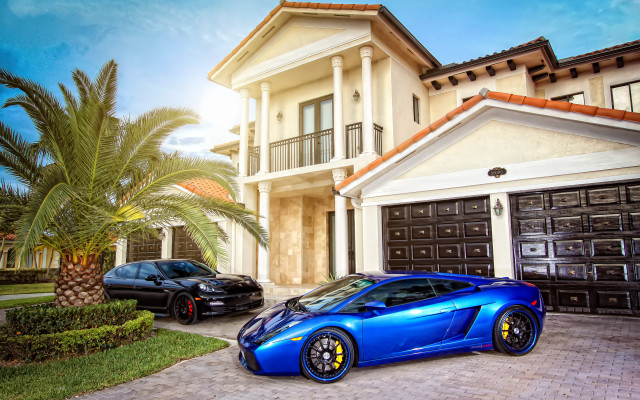 Blue sports car house parking free wallpaper for desktop - medium preview image
