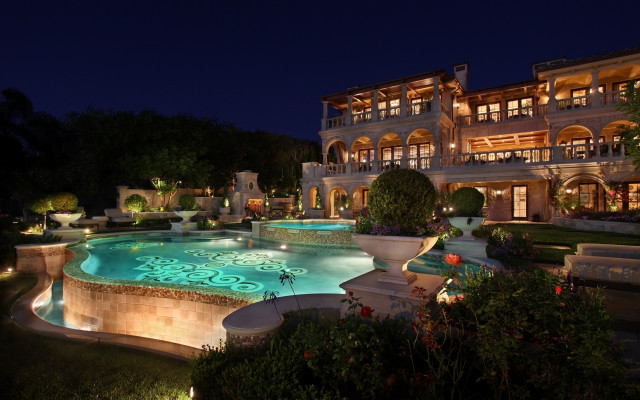 Mansion night pool lights fountain free wallpaper for desktop - medium preview image
