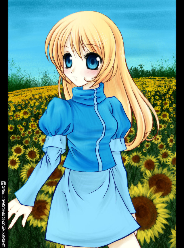 Girl blue dress sunflowers hands free wallpaper for mobile - medium preview image