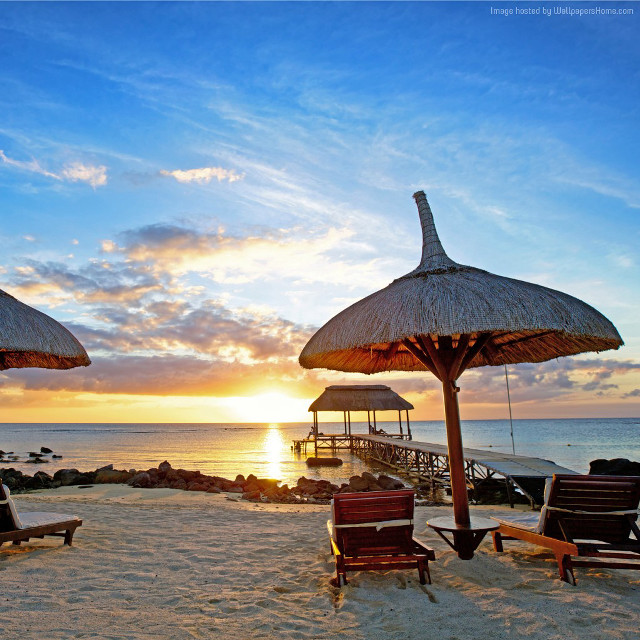 Beach chairs umbrellas sunset pier #2 free wallpaper for tablet - medium preview image
