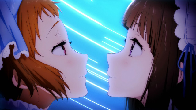 Cartoon two people facing blue free wallpaper for desktop - medium preview image