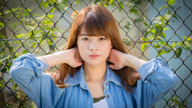 Woman denim shirt pose hands free wallpaper for desktop - medium preview image