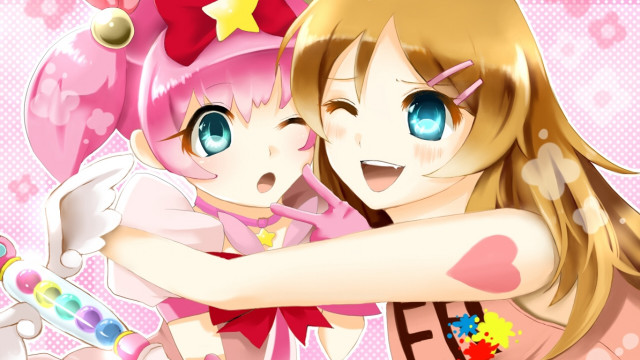 Anime girls hugging pink background #5 free wallpaper for desktop - medium preview image