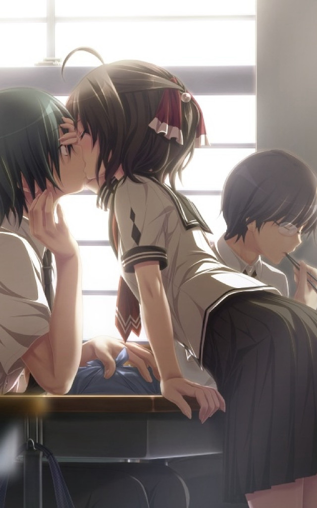 Couple sitting table laptop kissing free wallpaper for mobile - medium preview image