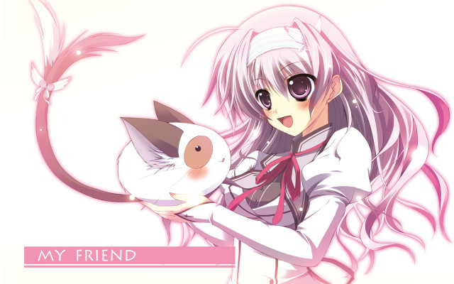 Girl holding cat pink ribbon free wallpaper for desktop - medium preview image