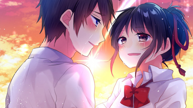 Anime couple sunset sky clouds free wallpaper for desktop - medium preview image