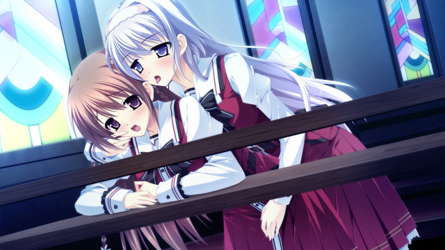 Anime girls hugging stained glass free wallpaper for desktop - medium preview image