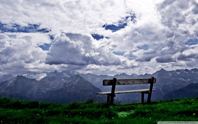 Bench hillside cloudy sky mountains free wallpaper for desktop - medium preview image