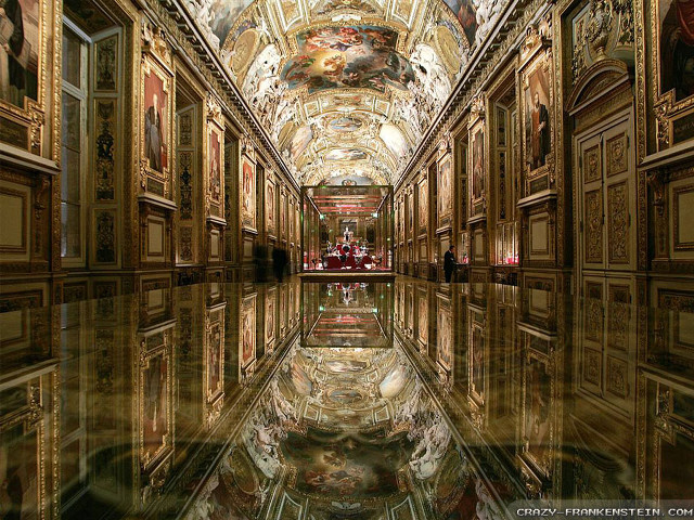 Long hallway gold ceiling red free wallpaper for desktop - medium preview image
