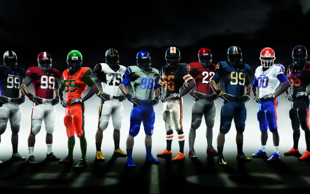 Football players standing helmets hands free wallpaper for desktop - medium preview image