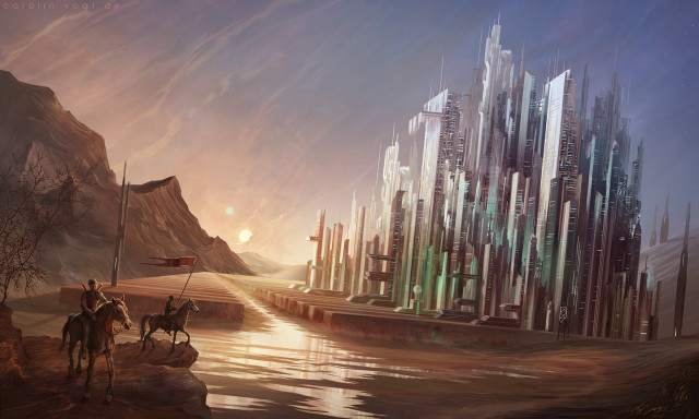 Man riding horse river city free wallpaper for desktop - medium preview image