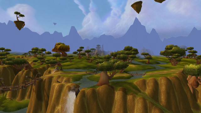 Waterfall trees mountains blue sky free wallpaper for desktop - medium preview image