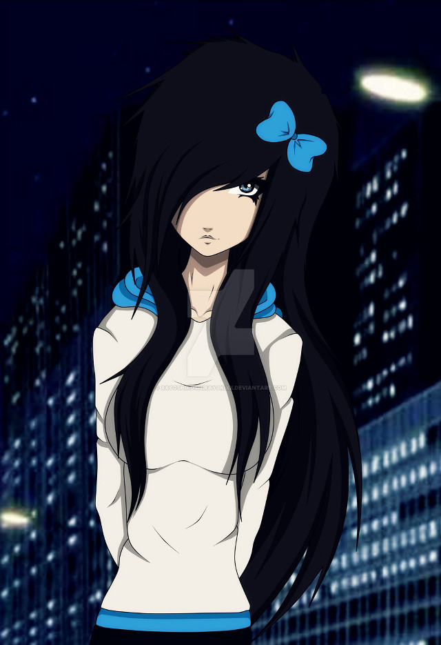 Girl long black hair blue free wallpaper for mobile - medium preview image