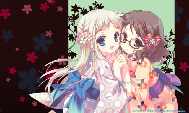 Anime girls hugging flowers green free wallpaper for desktop - medium preview image