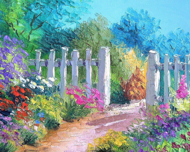 Garden flowers path gate painting free wallpaper for desktop - medium preview image