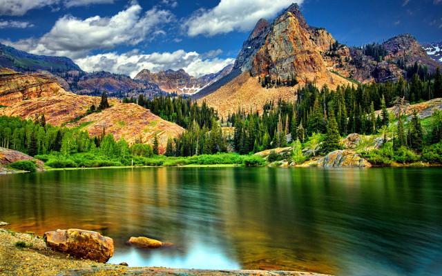 Mountain lake surrounded trees cloudy free wallpaper for desktop - medium preview image