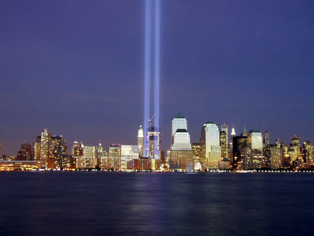 City skyline light beams water free wallpaper for desktop - medium preview image