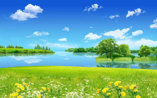 Green field lake shore blue free wallpaper for desktop - medium preview image