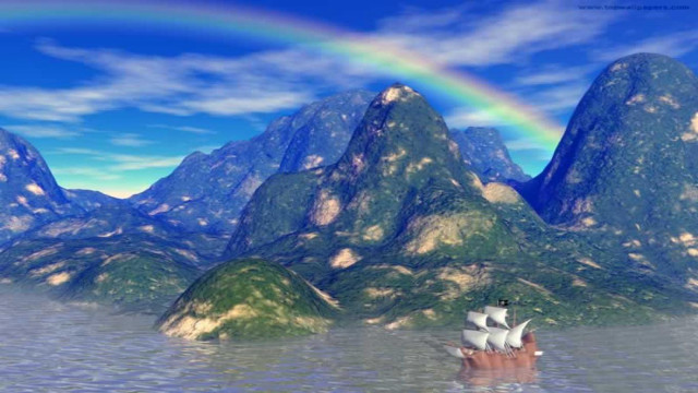 Boat ocean rainbow mountains background free wallpaper for desktop - medium preview image