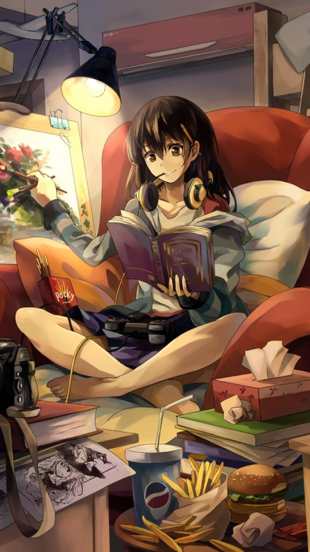 Girl sitting couch reading book free wallpaper for mobile - medium preview image