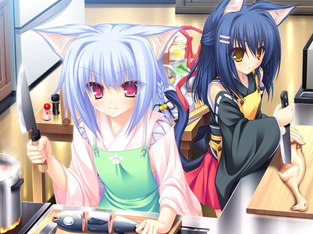 Anime girls cooking kitchen cat free wallpaper for desktop - medium preview image