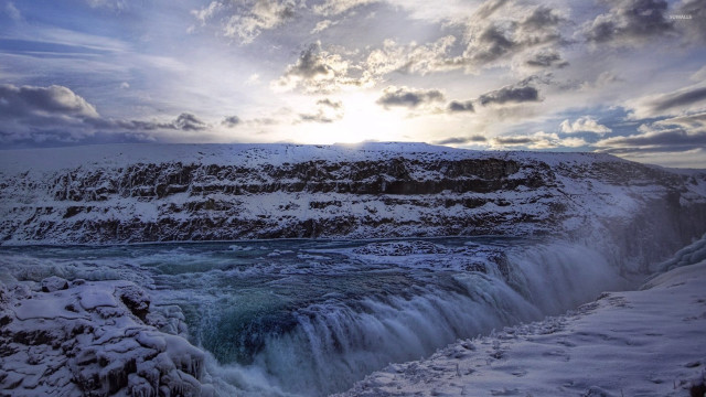 Waterfall snow clouds sunshine sky free wallpaper for desktop - medium preview image