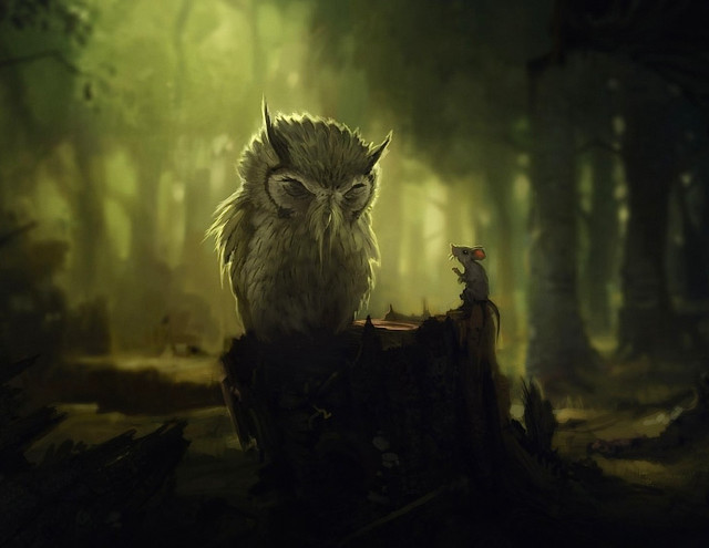 Owl mouse forest trees grass free wallpaper for desktop - medium preview image