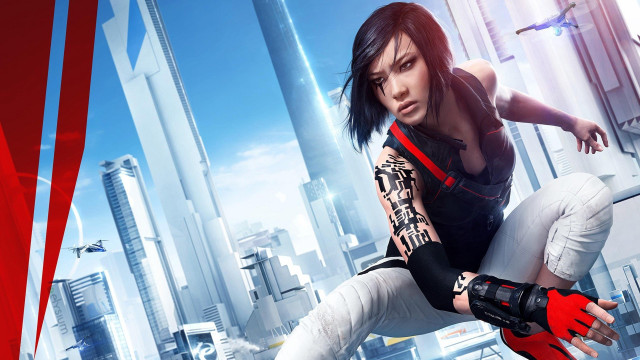 Futuristic city woman red glove free wallpaper for desktop - medium preview image